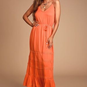 Lulu’s Coral Orange Lace Maxi Dress